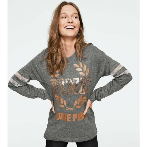 Victoria’s Secret PINK Marled Gray & Gold Sequin Bling Pullover Mesh Long Sleeve - Picture 1 of 8